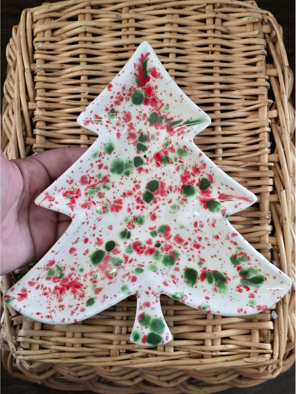 Christmas Ceramic Mold Splatter Paint Tree Candy Dish approx 9.25” X 8.5”